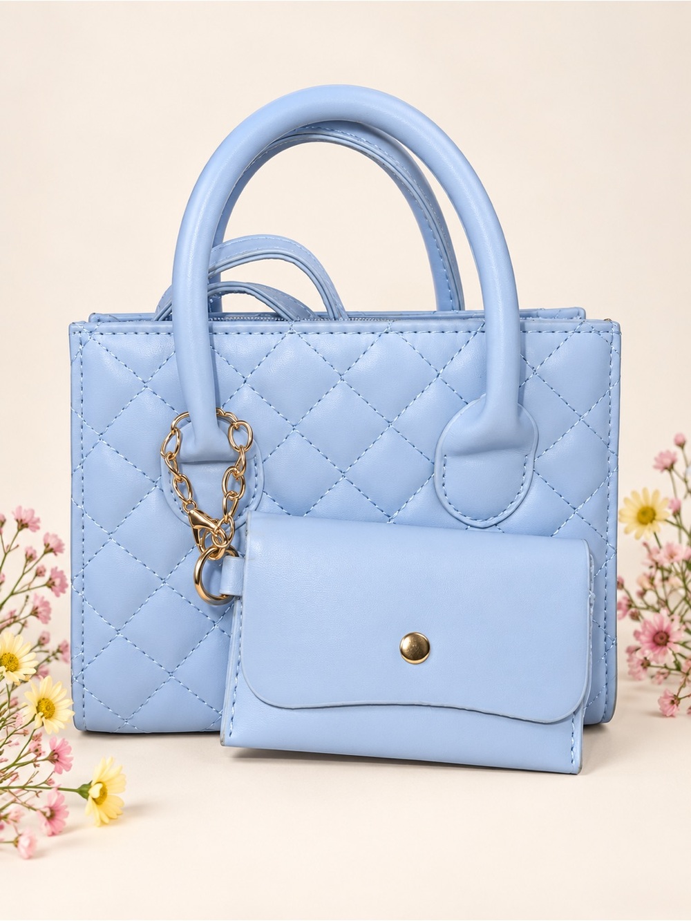 Quilted Light Blue Top-Handle Satchel with Cardholder NWOT